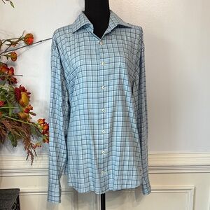 Peter Millar Light Blue Green Checkered Long Sleeve Collared Cotton Shirt XL